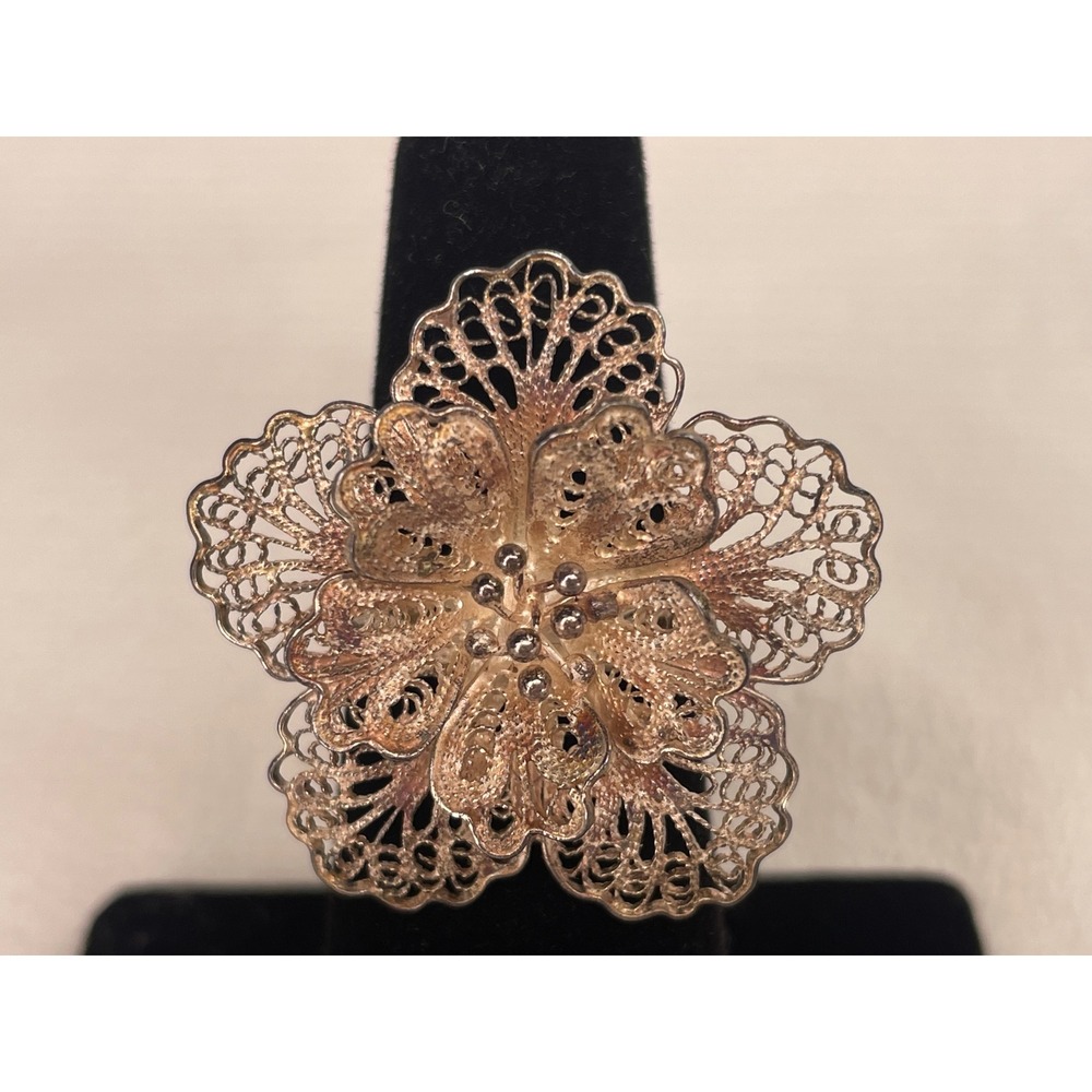 925 Sterling Silver Filigree Flower Statement Ring Wide Mesh Band Floral Size 7